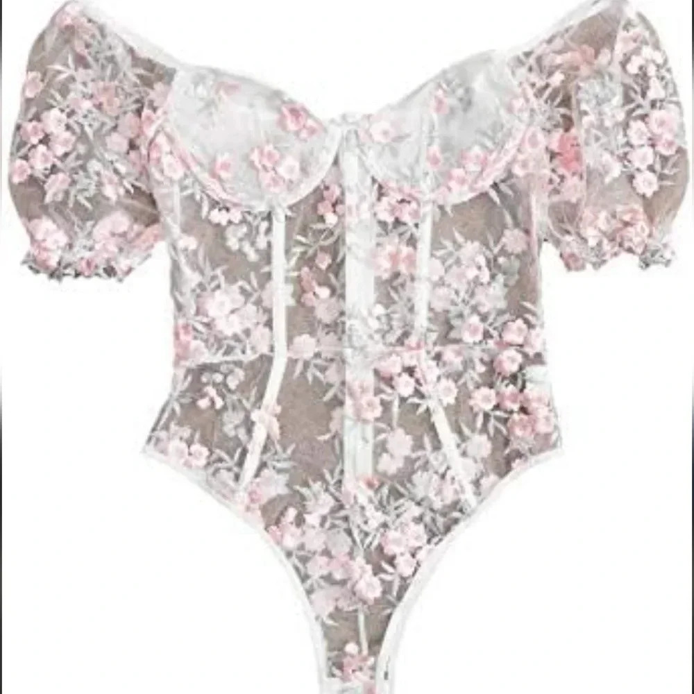 Lace Mesh Floral Puff Sleeve Corset Bodysuit
